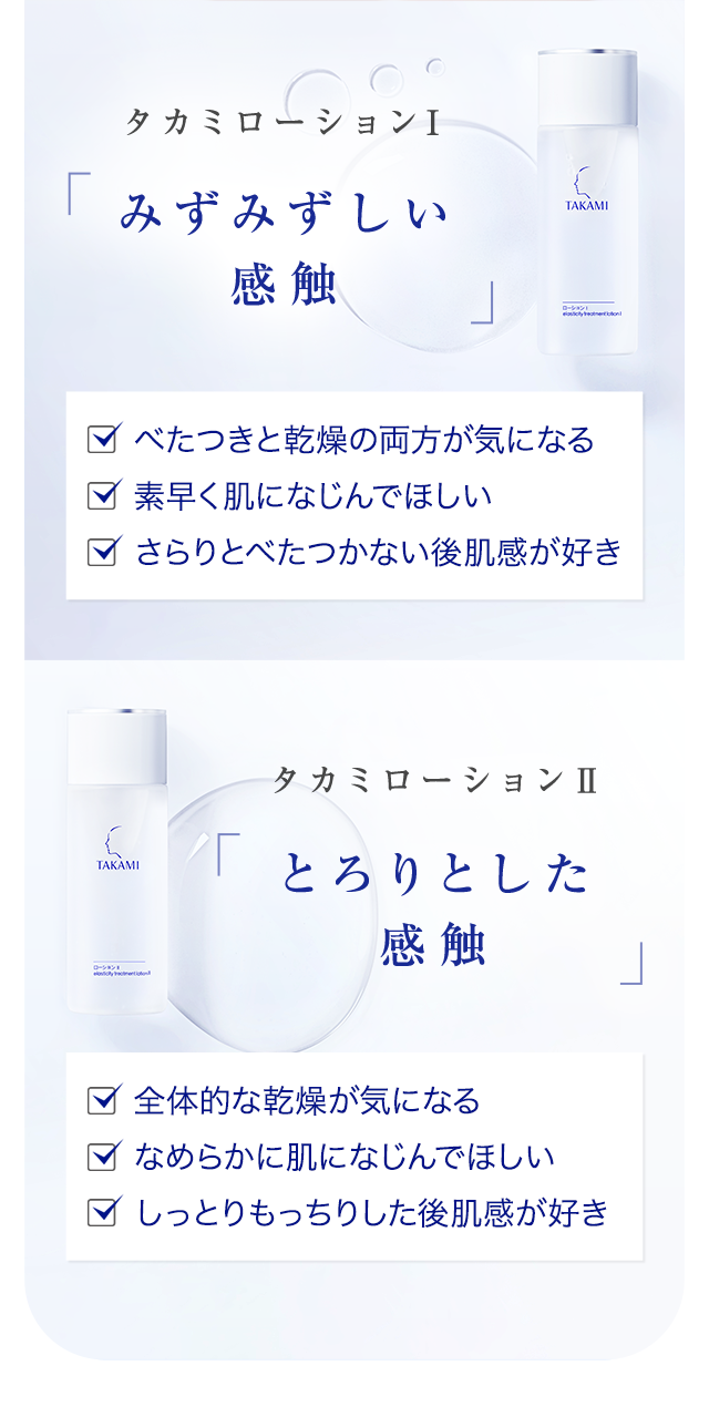 タカミローションI「みずみずしい感触」｜タカミローションII「とろりとした感触」